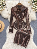 American Spring Sequins Two Pieces Sets Senior Lapel Long Sleeves Shirt+Bodycon Mini Skirt Fashion Shiny Sexy