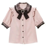 Japanese Kawaii Girl Sweet Cute Lolita Short Sleeve Shirt Summer Y2k Aesthetic Lace All Match Blouse Top Women