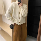 Zingj Autumn And Winter New Korean Retro Standing Collar Single Row Button Sweater Women's Small Short Knit Cardigan-Outfit
