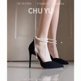 Fairy Wind And Black Beautiful Pearl Strap High Heels Sexy Shallow Velvet Single