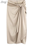 Knotted Long Skirt Women High Waist Skirt With Slit Ruched Elegant Skirts Woman Fashion 2023 Vintage Midi Split