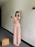 Hot Girl Casual Suit Women's Spring Short-sleeved Knitted Top High Waist Wide Leg Pants 2-piece Set Fashion Female