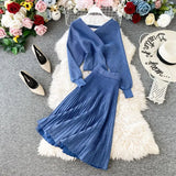 Fashion Women Two Pieces Set Batwing Sleeve Knitted Lurex Pullover Sweater Pleated Midi Skirt Solid Female
