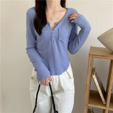Zingj Long Sleeve Design Sense Niche Bottom T-Shirt Female 2024 New Milk Sweet V Collar Slim Knit Short Jacket-Outfit
