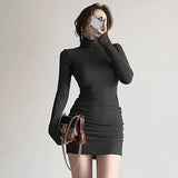 Ribbed Knit Turtleneck Long Sleeve Winter Runched Dresses For Women 2022 Autumn Bodycon Lady Short Black Sheath Mini
