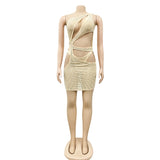 Sexy Black Sequined Crystal Mesh Hollow Out Mini Dress Women Summer One Shoulder Bodycons Party Clubwear