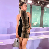 2025 Autumn New Women's Sexy Hanging Neck Hairy Neck Stitching Bump Color Bag Hip