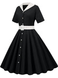 Solid Shirt Women Dress With Belt Button Hepburn Style Turn Down Collar Swing Dresses Retro Vintage 60s Rockabilly
