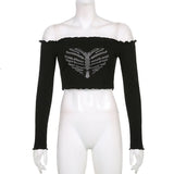Shoulder Sexy Gothic Crop Top T-Shirts Grunge Clothing Tee Cyber Y2K Shirt Core Tops Women Clothes crop Rhinestone