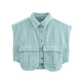 Women's Dress 2025 Solid Color Big Pocket Sleeveless High-End Feel Cardigan Polo Collar Denim Shirt Top