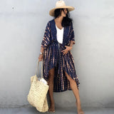 Queens Women Striped Half Sleeve Beach Loose Bohemian Maxi Dress Ladies V-neck Lace Boho Kimono