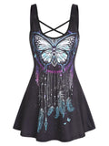 Retro Moon Sun Star Print Criss Cross Casual Skirted Tunic Tank Top Sleeveless Top Women Tank