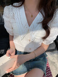 Elegant Lace Chiffon Blouse Doll Collar Women 2023 Summer Korean Fashion Short Sleeve Tops Mujer Hollow Lady Shirt