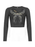 Rhinestone Detail Long Sleeve Crop Top-Outfit