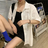 Women Short Sleeve blouses Solid Bf Oversize Loose Turn Down Collar College Simple Womens All-match Harajuku 2020
