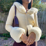 Autumn Thin Furry Knitted Cardigan Sweater Women Vintage Elegant Chic Jumper Ladies Fashion Patchwork Knitwear