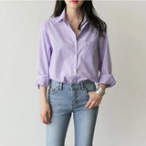 Women Blouse Striped Turn-down Collar Office Lady Tops Full Sleeve Women Shirts Light Purple Fashion Female Tops