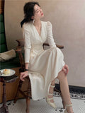 Vintage Elegant Drawstring V Neck Midi Dress Fashion Ruched Long Sleeve Korean Party Dress Casual Autumn New