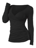 Zingj Women Black Ruched Plunging Long Sleeve T Shirt Autumn Spring V Neck Casual Solid Female Tops Tees 3XL 1215-0-Outfit