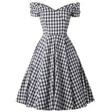 Vintage 50s Rockabilly Casual Dress Off The Shoulder Black Plaid England Style Casual Party Dresses Pin Up Women