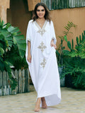 Elegant Gold Embroidered Kaftan Retro V-neck White Dress Plus Size Women Clothes Summer Beach Wear Swim Maxi Dresses