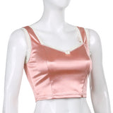 2000s Aesthetics Fashion Solid Lace Trim Spaghetti Strap Cami Tops E-Girl Vintage Cute V-neck Satin Brown Crop Tops
