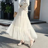 Long Gray Pleated Tutu Skirts 2021 Summer Vintage Women Elastic High Waist Mesh Midi Tulle Skirts Female Jupe Longue