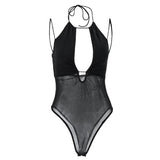 Zingj Women's Mesh Splicing Hanging Neck Sexy Onesie Summer New Back Inside The Jacket Female- Outfit