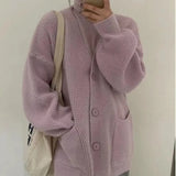Zingj Wind Pure Color V Collar Autumn Winter Korean Version Loose Single Breasted Large Pocket Sweater Coat Add Thick Knit Cardigan Female-Outfit