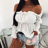 Tops and Blouses Sexy Solid Color Off Shoulder Ruff Sleeve Long Sleeve Ruffled Women Blouse Women