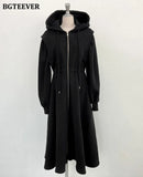 Chic Zippers Women Hooded Sweatshirt Midi Dress Casual Elastic Waist Long Sleeve Female A-line Dress 2021