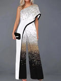 Fashion New Printed Wide Leg Pants Romper Elegant Female Loose Long Office Overall Commute Slash Neck Women Sexy