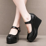 Leather Stone Slope Heel Single Shoe Round Head Light Mouth Work Shoes Thick-Soled Waterproof Table Model Show High Heels