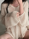 Oversized Long Sleeve Crochet Knit Top-Outfit
