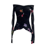 Real Shot One-字 Collared Shoulder Long-Sleeved Mesh Printing Top Irregularly Folded Lotus Leaves With Short T-Shirt