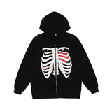 Women Hoodies Style Loose Skeleton Zip Up Hoodie Goth Grunge Long-Sleeved Hooded Jacket Retro Black Oversized Sweatshirt