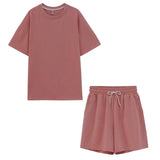 Summer Tracksuits Womens Two Peices Set Leisure Outfits Cotton Oversized T-shirts High Waist Shorts Candy Color