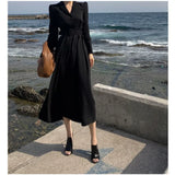 New Elegant Midi Black Shirt Dress With Belt For Women Solid A Line Femme Fashion Office Lady Clothing