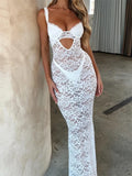 Women Summer V-neck Long Dress Sleeveless Strap Backless Mesh See Through Lace Floral Hollow Out Party Dress 2024