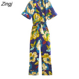 Women Fashion With Belt Floral Print Straight Jumpsuits Vintage Short Sleeve Front Buttons Female Playsuits
