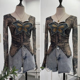 Real Shooting Pure Sexful V-Neck Umbilly T-Shirt Female Hairy Denim Butterfly Embroidered Mesh Yarn Long Sleeve Top