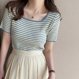 Zingj Neckline T-Shirt Female Summer 2024 Square Collar Design Sense Niche Stripe Short Sleeve Low Collar Slim Slim Knit