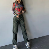 Women's Jeans High Street Retro Green Straight Leg Women's Patchwork cargo jeans high waisted jeans y2k jeans xs