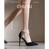 Fairy Wind And Black Beautiful Pearl Strap High Heels Sexy Shallow Velvet Single