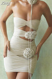 New Tube Mini Dress for Women Festival Celebrity Wear Elegant Sexy Cut Out Mesh Ruched Bodycon Night Club Party