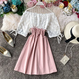 Zingj Spliced Slim Strap Waist Long-Sleeved A-Shaped Dress Fake Two Beach Skirts Seaside Holiday Fairy