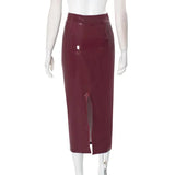 Bodycon PU Leather Zipper Split Midi Skirt- Outfit