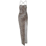 Women Summer Sexy Leopard Print Backless Bodycon Open Fork Split Long Dress Sundress 2021 Female Clothing