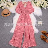 Zingj Summer Women's Wear 2023 New Temperament Wave Point V Neck Show High Waist Casual Wide Leg Jumpsuit