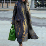 Winter Long Sleeve Jacket Outwear High Street Ladies Loose Pattern Printed Lapel Long Coat Office Fashion Women Woolen